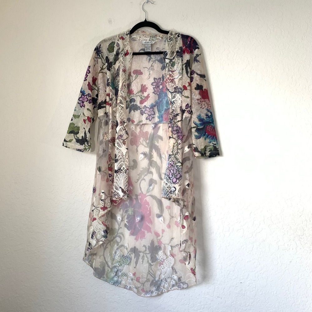 Anis.A Floral Duster Women M Beige Sheer Lace Peacock Embroidery Boho Whimsigoth